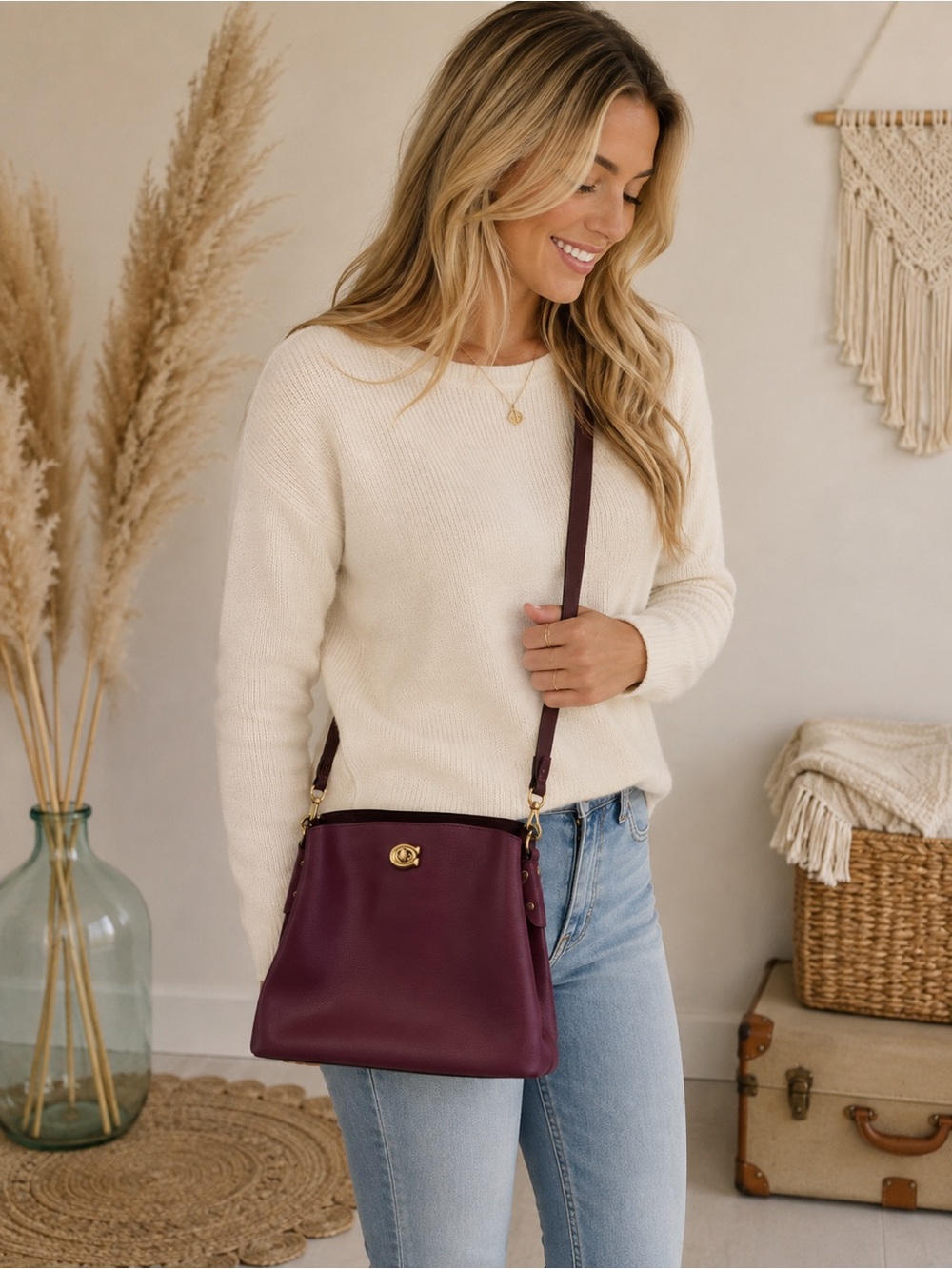 Coach Pebble Leather Willow Crossbody Bag in Burgundy - with Brown Leather Strap